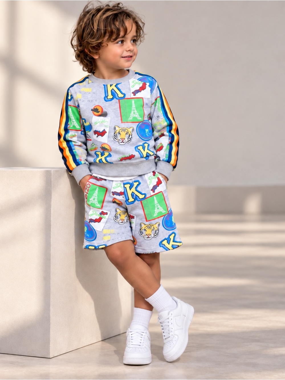 KENZO Kids Rare Travel Print 2-Piece Set Sweatshirt 10Y + Shorts 12Y NWT